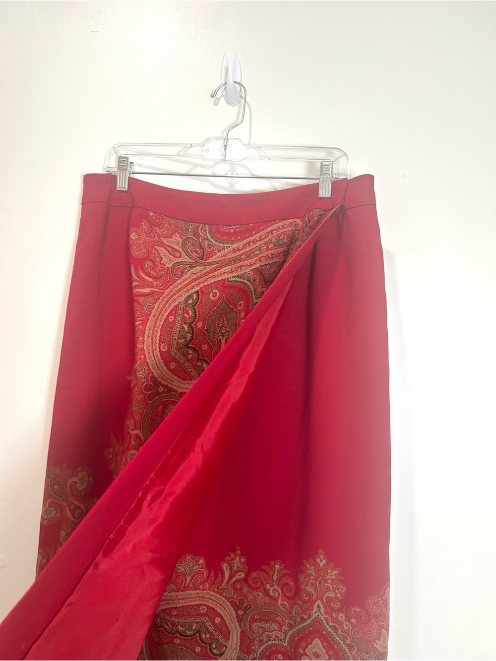 Vtg Talbots Wrap Skirt Womens 14 Midi Red Paisley 100% Wool Scarf Print Boho - Picture 7 of 14